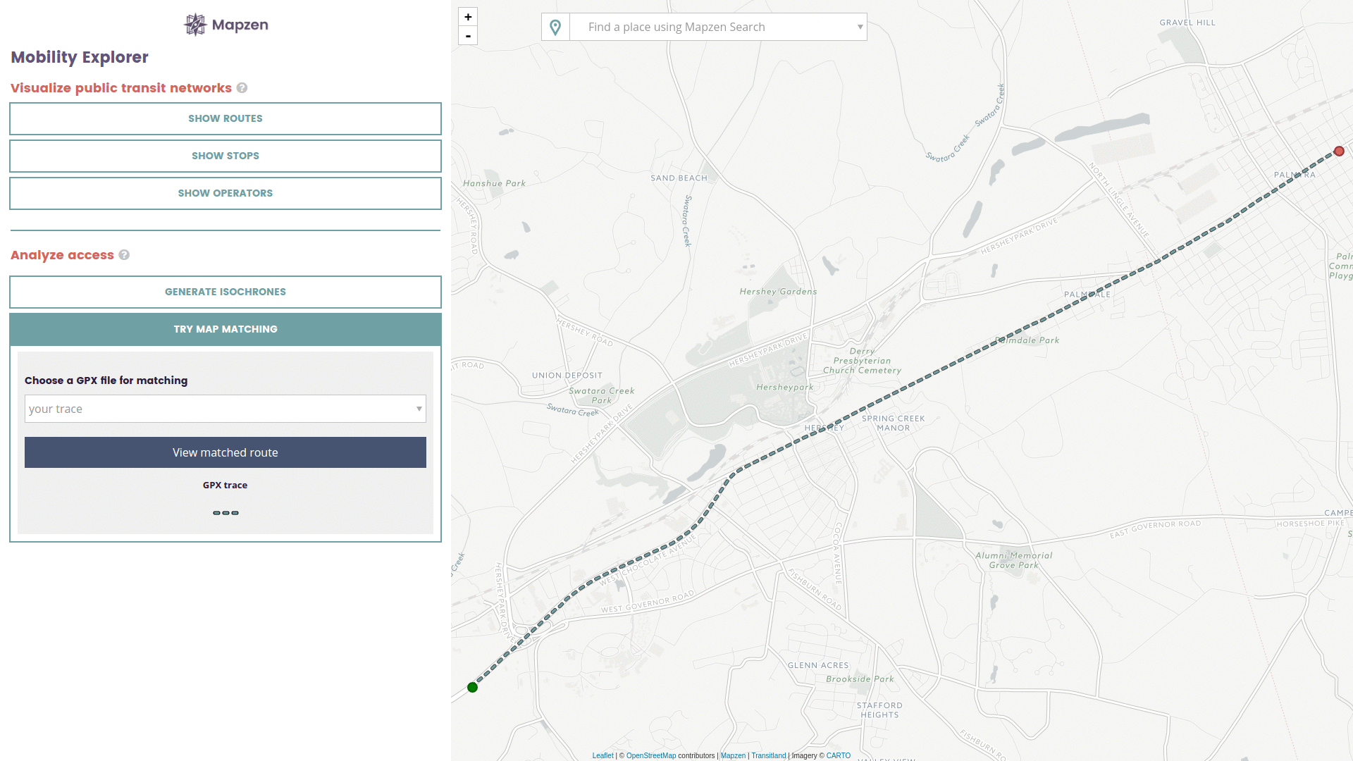 animated map showing speed limits along a route in Hershey, PA