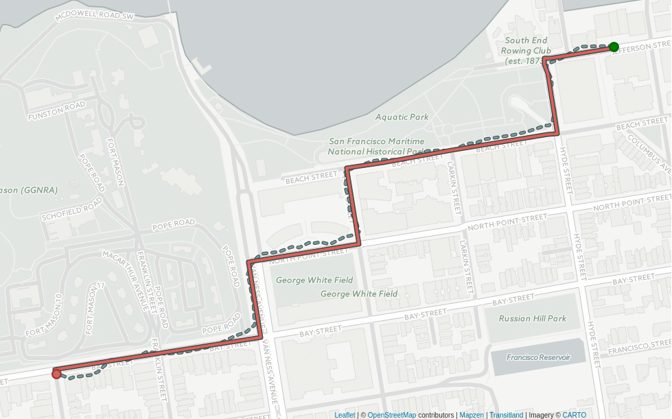 animated map showing a route being matched in the SF Marina neighborhood