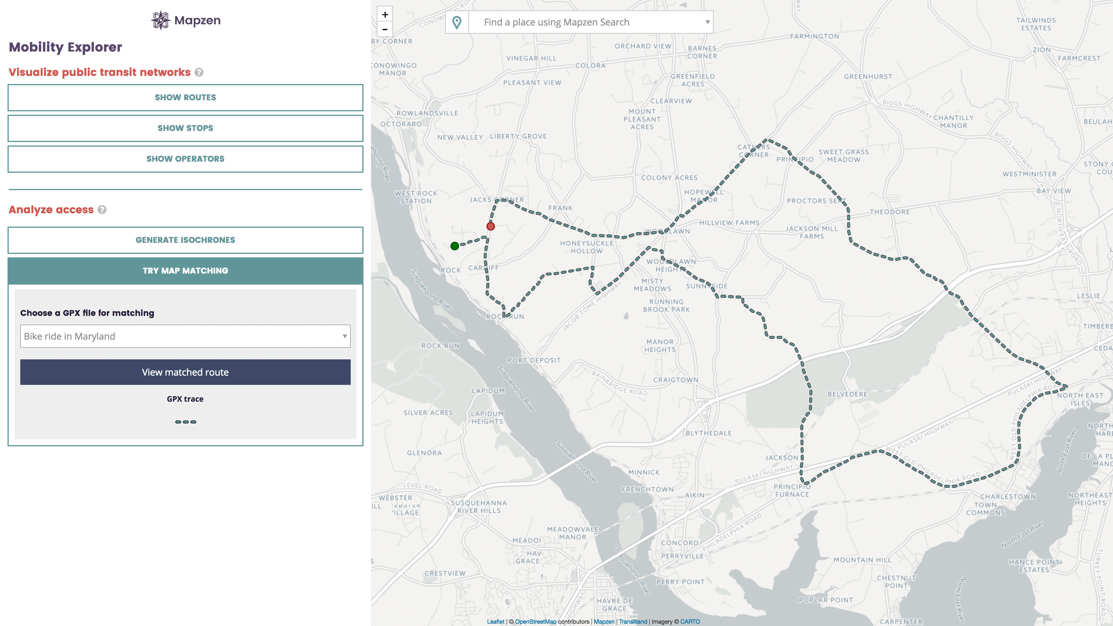 animated map showing gradients along a bike route in Maryland