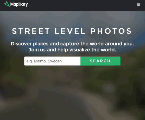 Animated GIF of Mapillary homepage with Mapzen Search