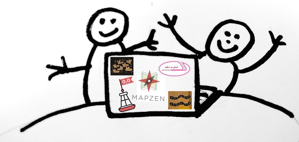 smiling stick figures around a laptop