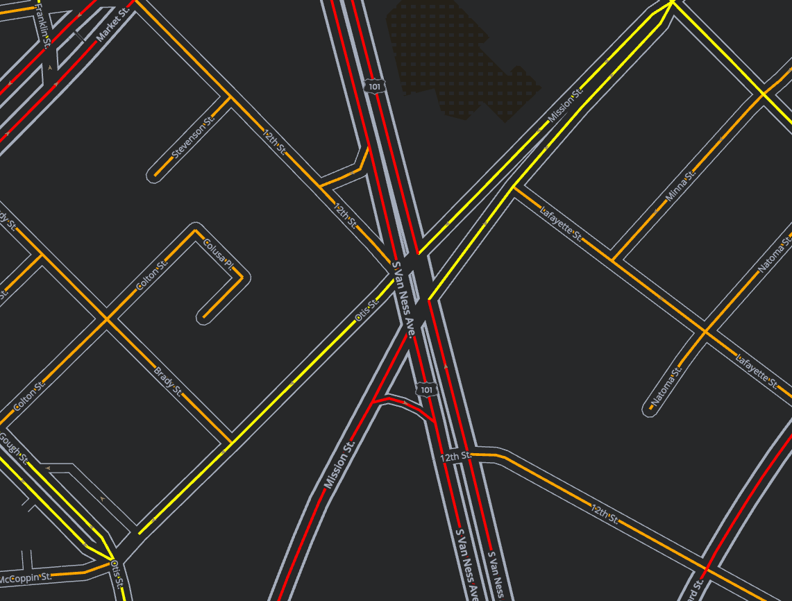 map of OSMLR segments at the intersectino of Van Ness and Mission