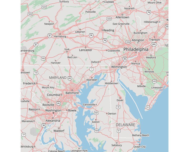 Washington DC and Philadelphia at Zoom Level 8