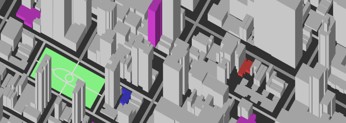 A 3D map showing buildings at various heights