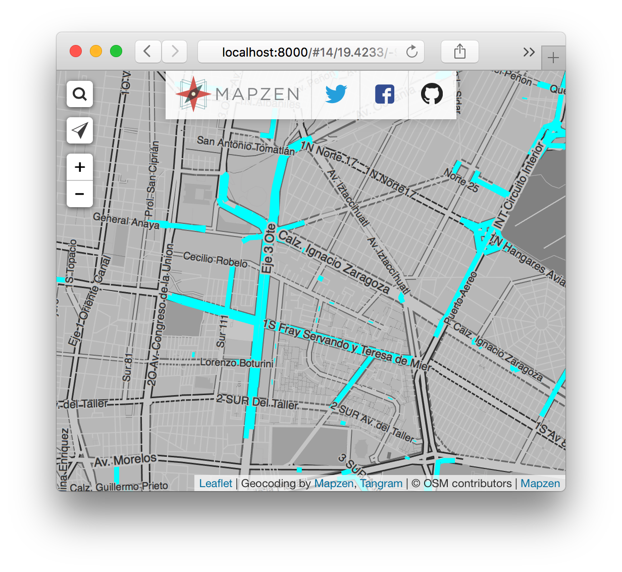 Map emphasizing unnamed roads in aqua