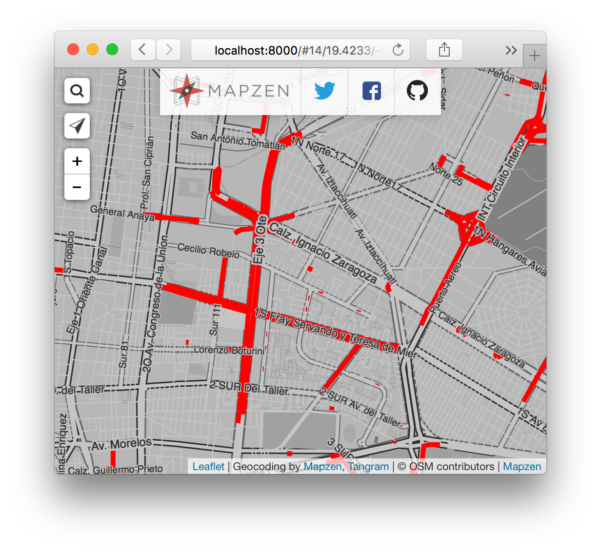 Map emphasizing unnamed roads in red