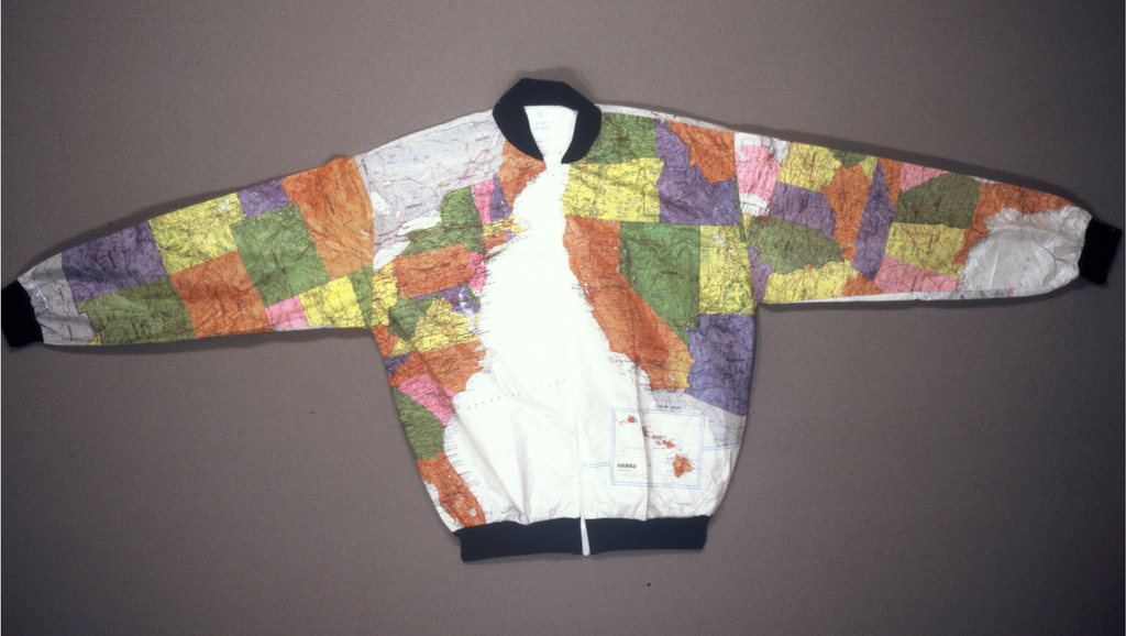 Jacket, Wearin' The States, 1990. tyvek, a dupont copyrighted fabric, other synthetics. Gift of Interarts. 1991-14-6., from the collections of the Cooper Hewitt, Smithsonian Design Museum