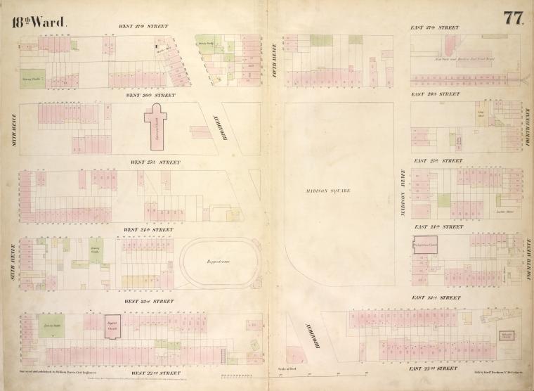 [Plate 77: Map bounded by West 27th Street, East 27th Street, Fourth Avenue, East 22nd Street, West 22nd Street, Sixth Avenue.], from William Perris 1854 fire insurance atlas of Manhattan. Taken from the collections of THe New York Public Library