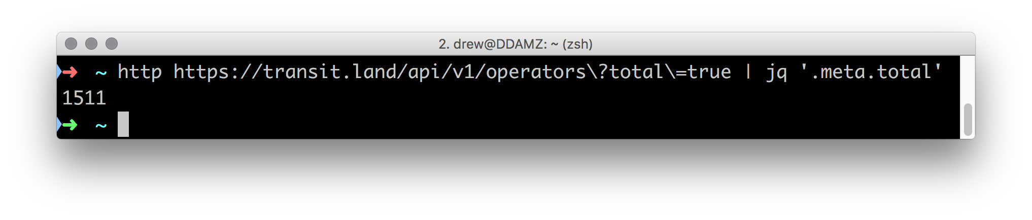 using your terminal to get the current count of Transitland operators