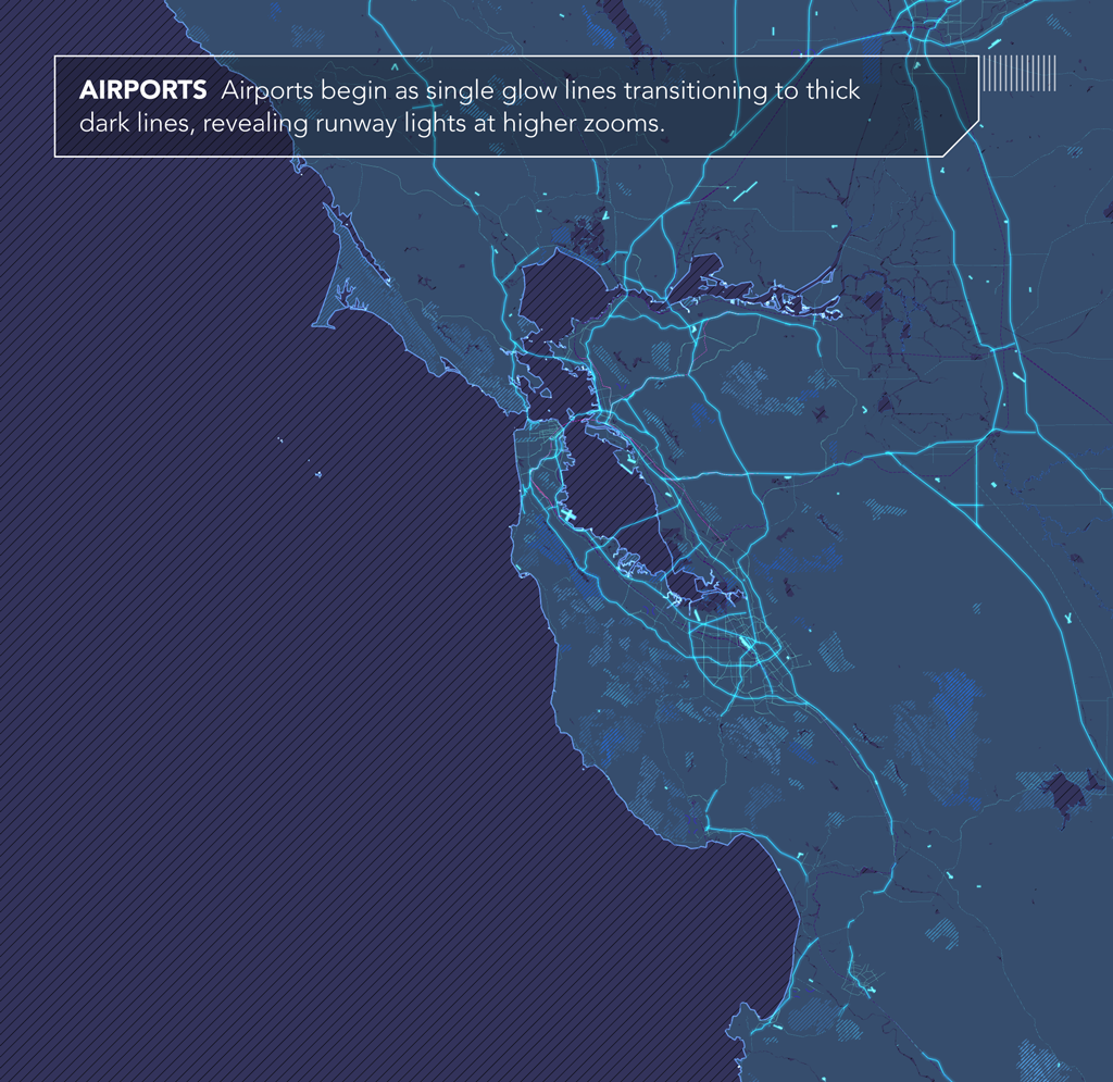 Airports. Airports begin as single glow lines transitioning to thick dark lines, revealing runway lights at higher zooms.